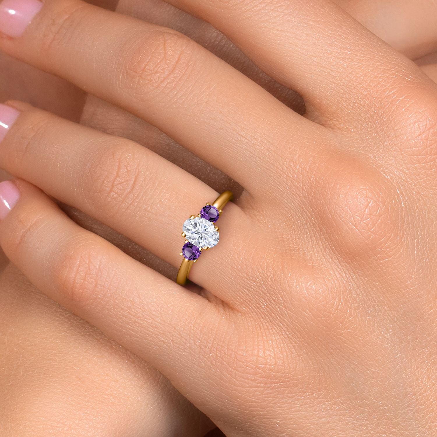 Moissanite and Amethyst_5_Ring in 925 Yellow Gold Plated Silver