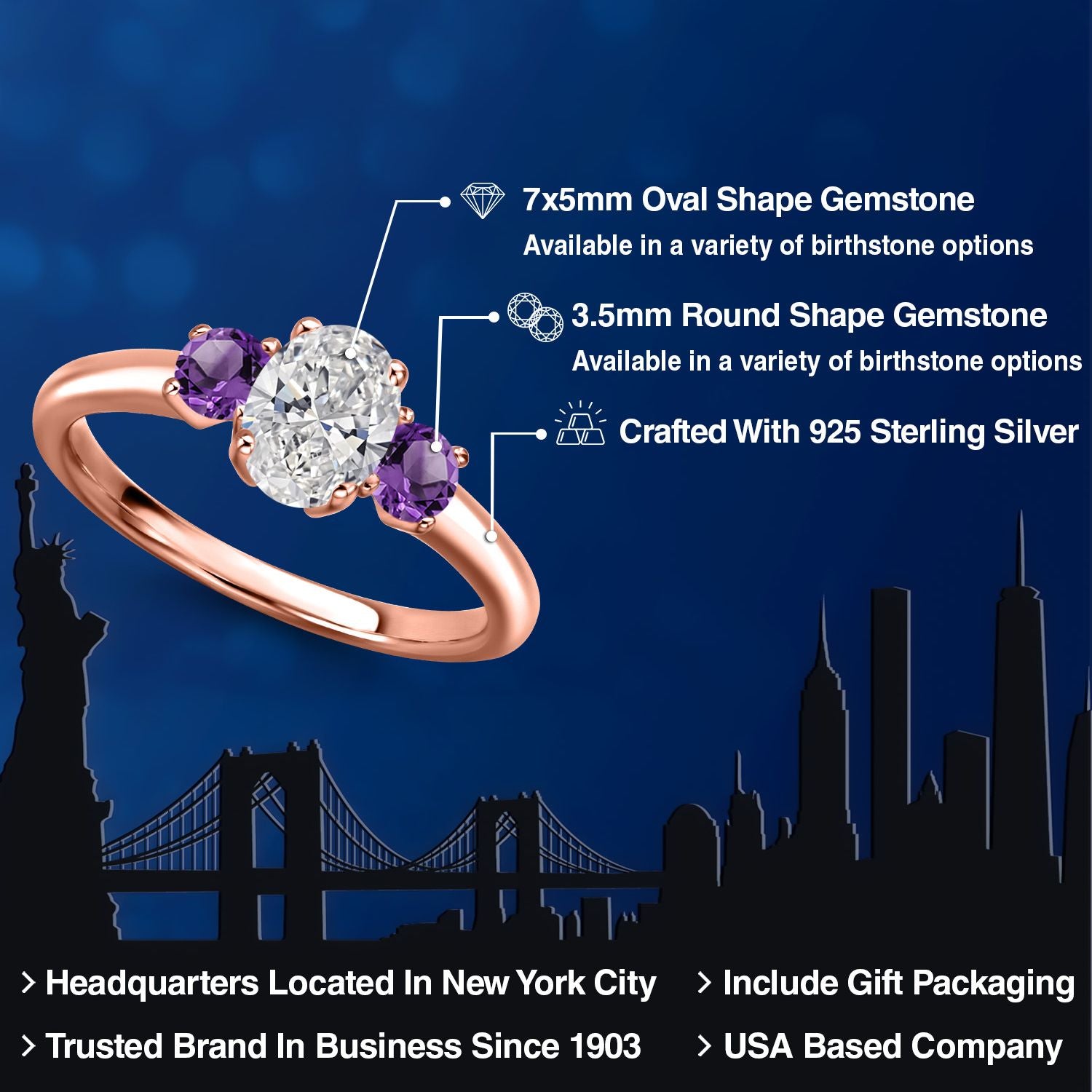 Lab Grown Diamond and Amethyst_5_Ring in 925 Rose Gold Plated Silver