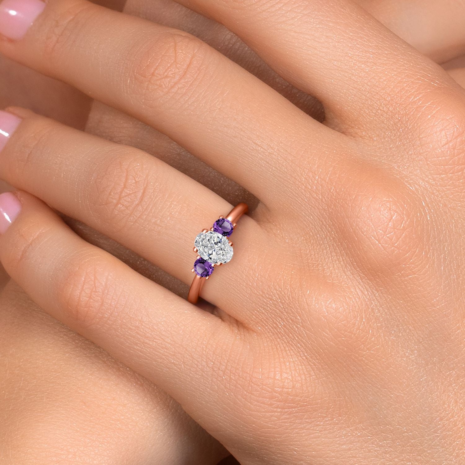 Lab Grown Diamond and Amethyst_5_Ring in 925 Rose Gold Plated Silver