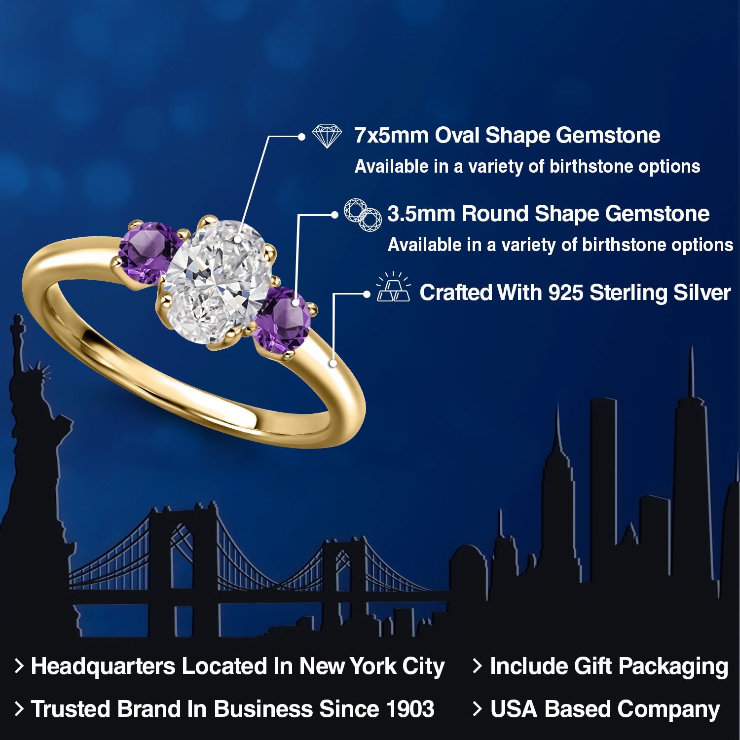 Lab Grown Diamond and Amethyst_5_Ring in 925 Yellow Gold Plated Silver