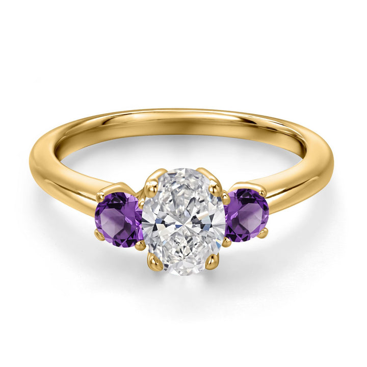 Lab Grown Diamond and Amethyst_5_Ring in 925 Yellow Gold Plated Silver