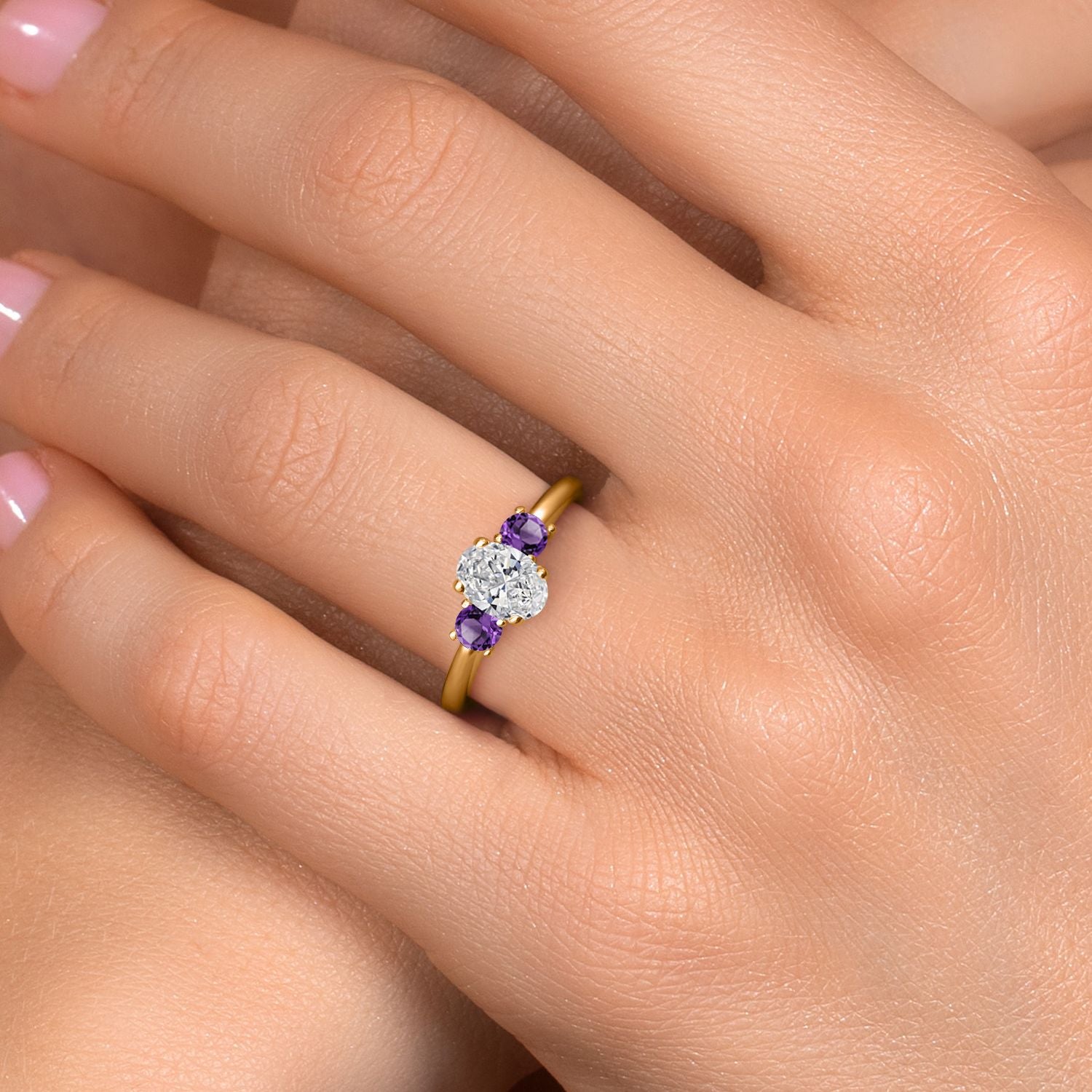 Lab Grown Diamond and Amethyst_5_Ring in 925 Yellow Gold Plated Silver