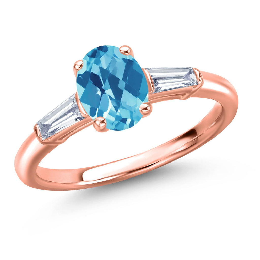 Swiss Blue Topaz-Checkerboard - November_6_Ring in 925 Rose Gold Plated Silver
