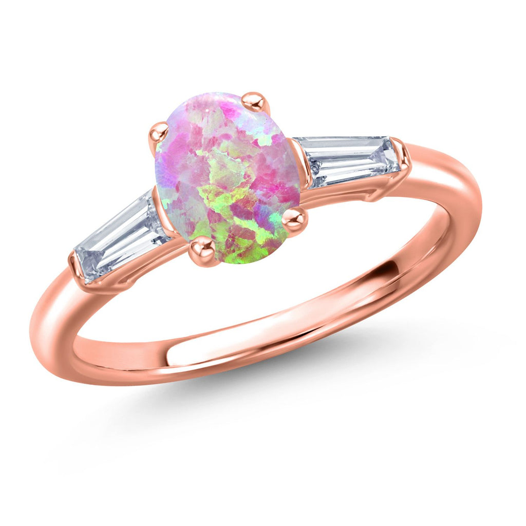 Pink Simulated Opal-Cabochon - October_6_Ring in 925 Rose Gold Plated Silver
