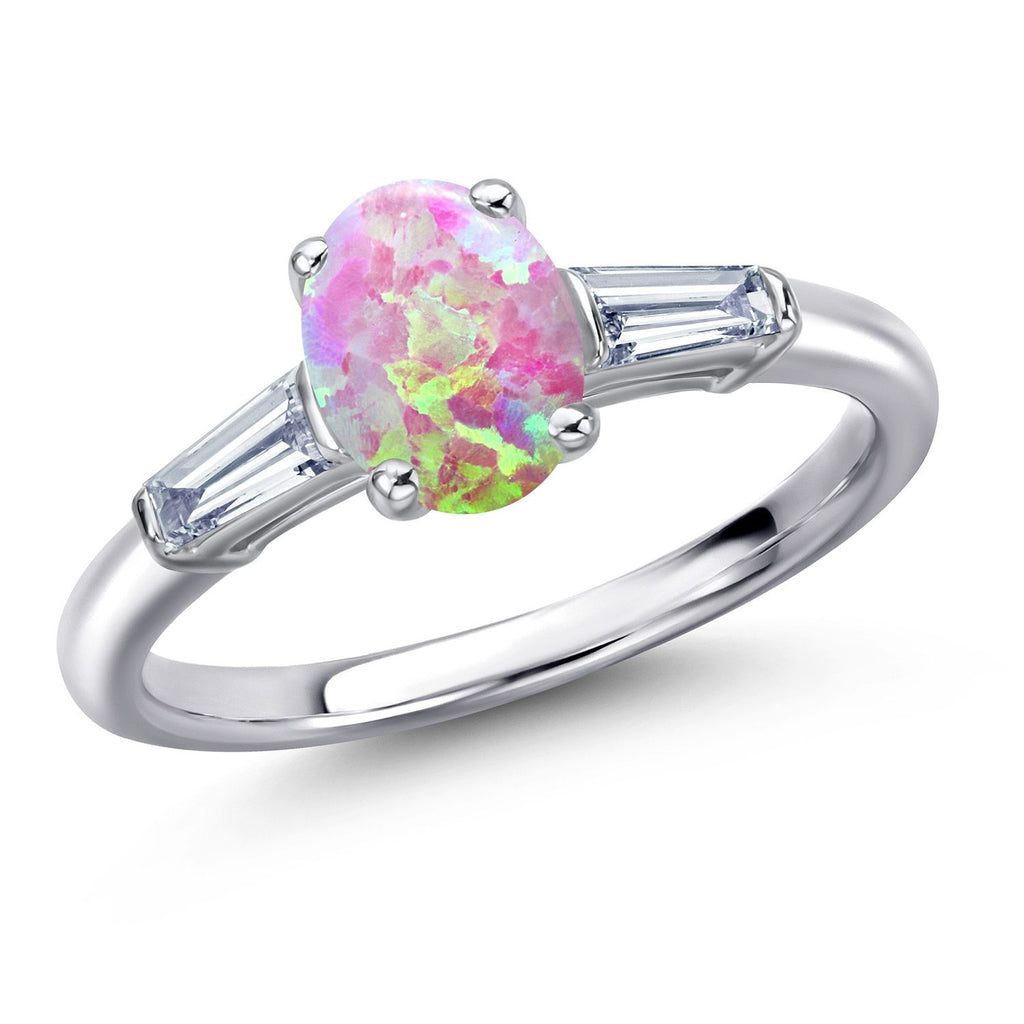 Pink Simulated Opal-Cabochon - October_7_Ring in 925 Sterling Silver