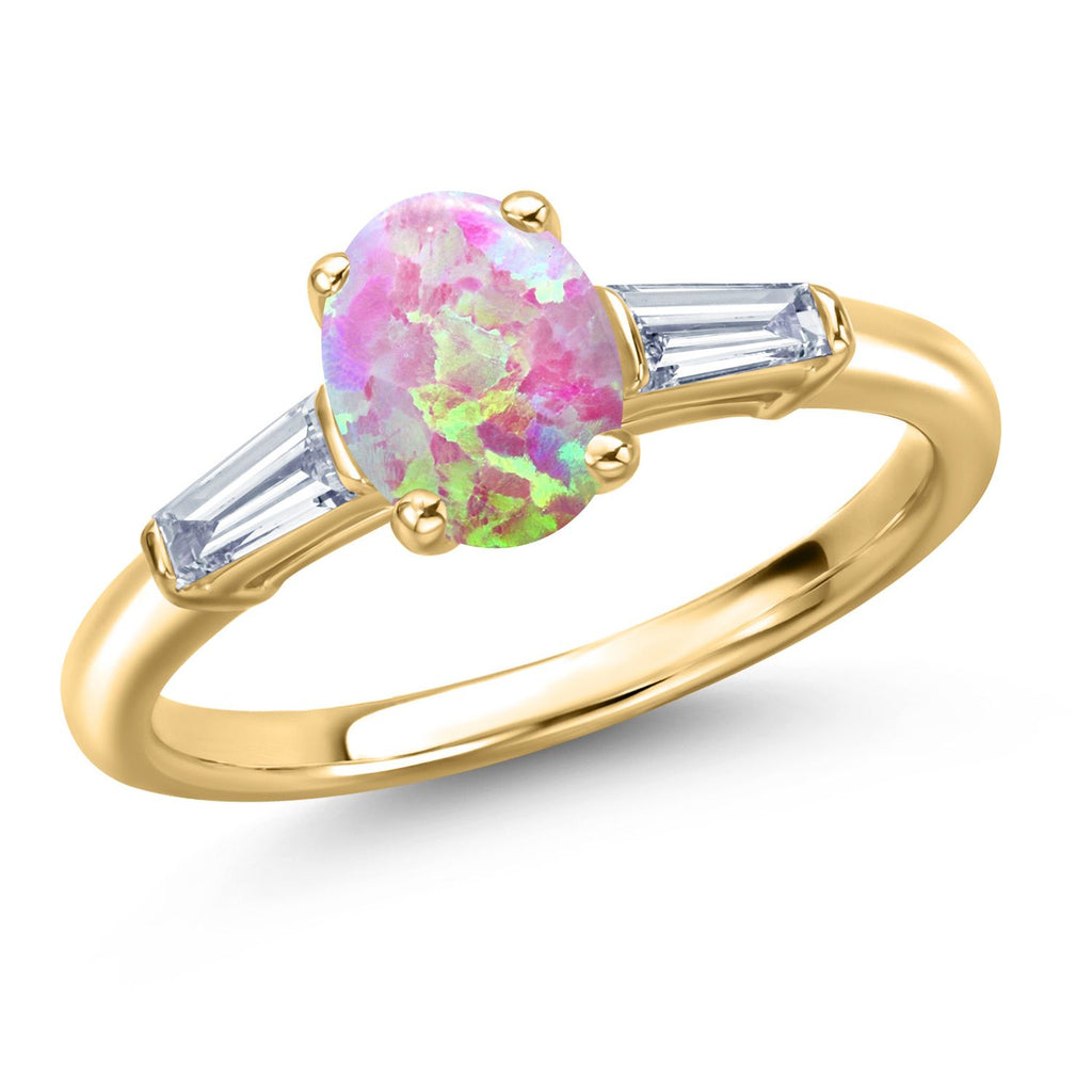 Pink Simulated Opal-Cabochon - October_5_Ring in 925 Yellow Gold Plated Silver