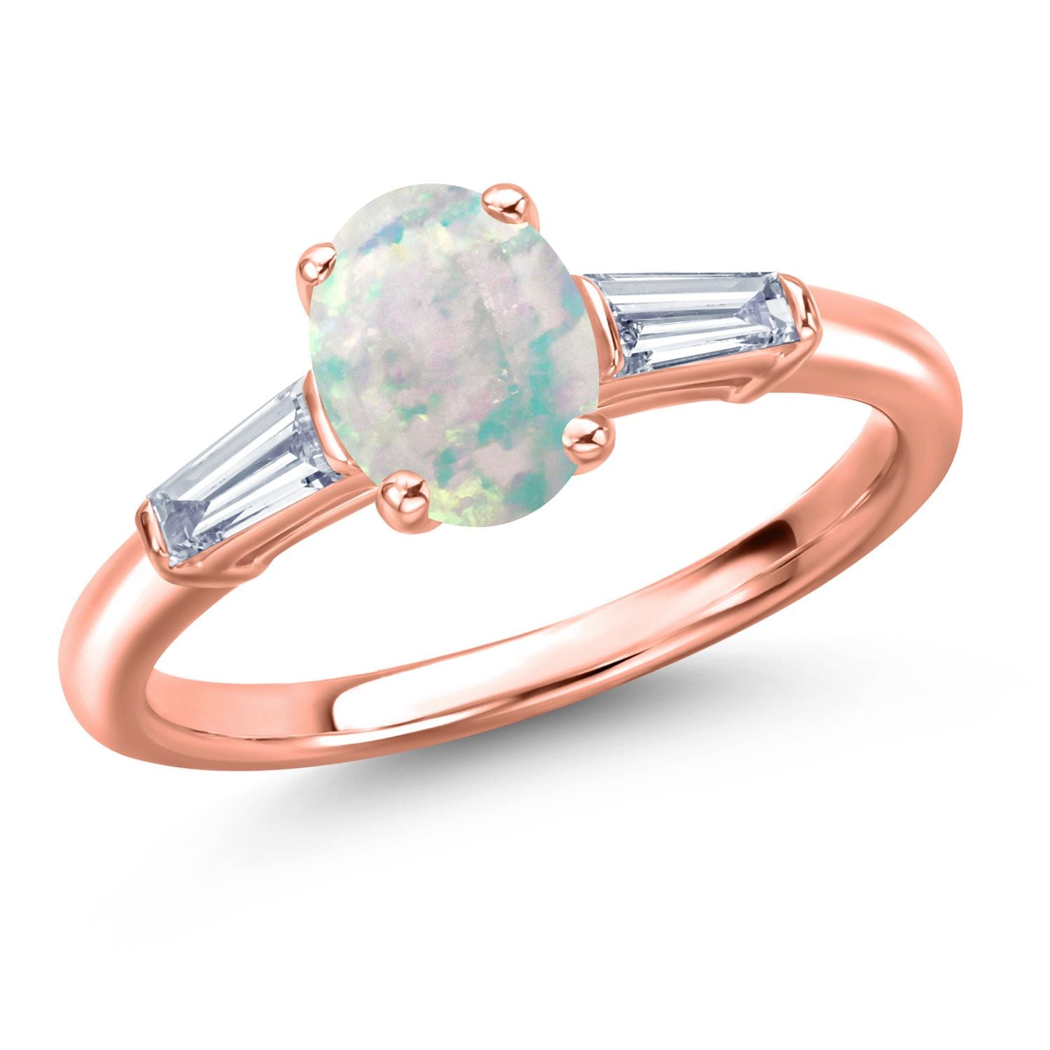 White Simulated Opal-Cabochon - October_7_Ring in 925 Rose Gold Plated Silver