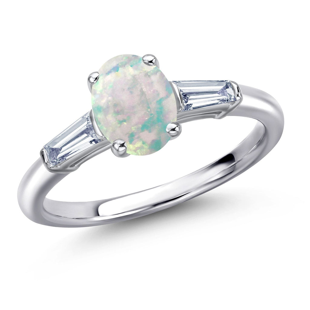 White Simulated Opal-Cabochon - October_8_Ring in 925 Sterling Silver