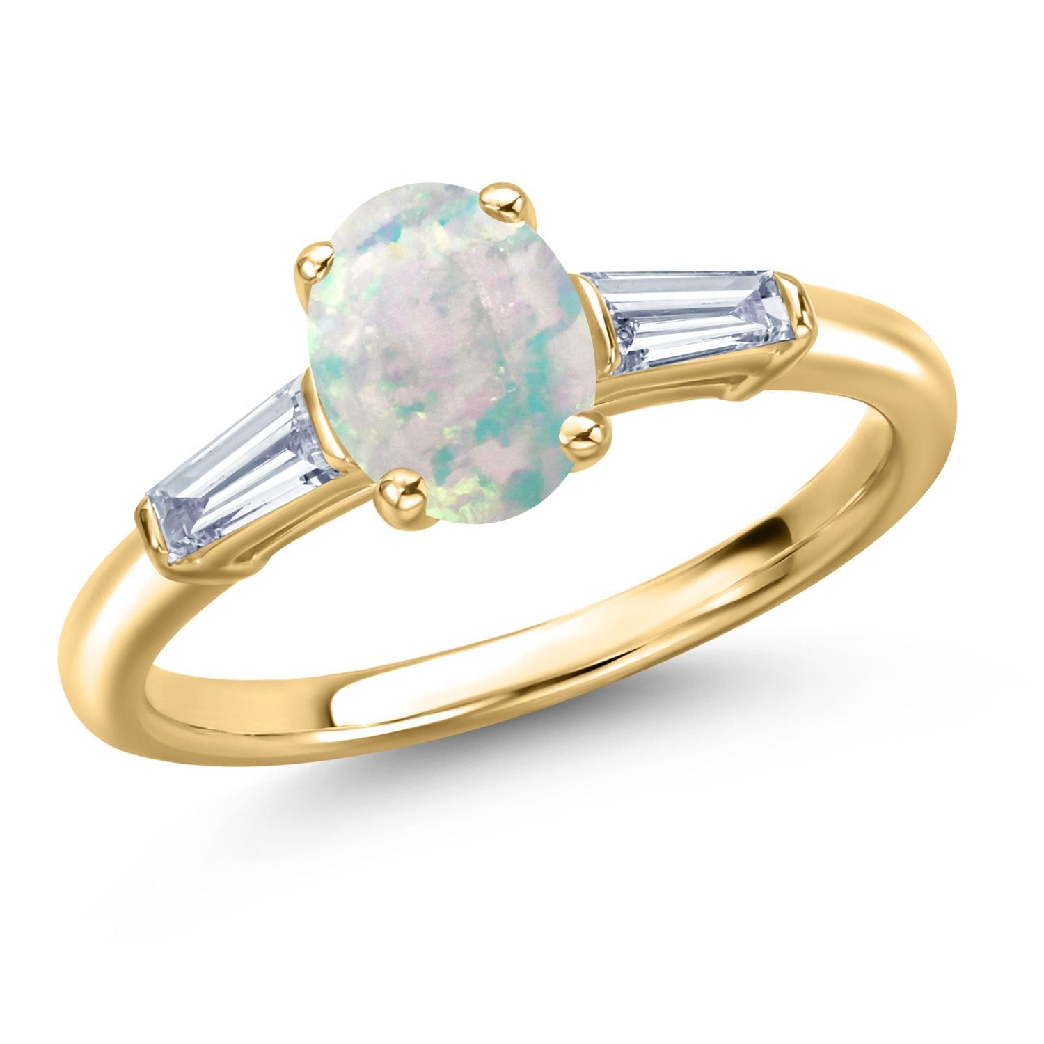 White Simulated Opal-Cabochon - October_5_Ring in 925 Yellow Gold Plated Silver