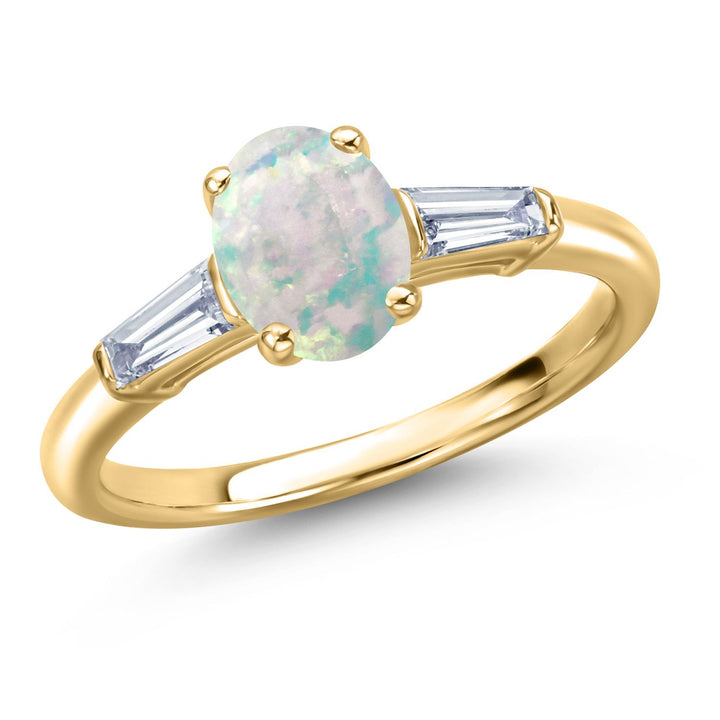 White Simulated Opal-Cabochon - October_5_Ring in 925 Yellow Gold Plated Silver