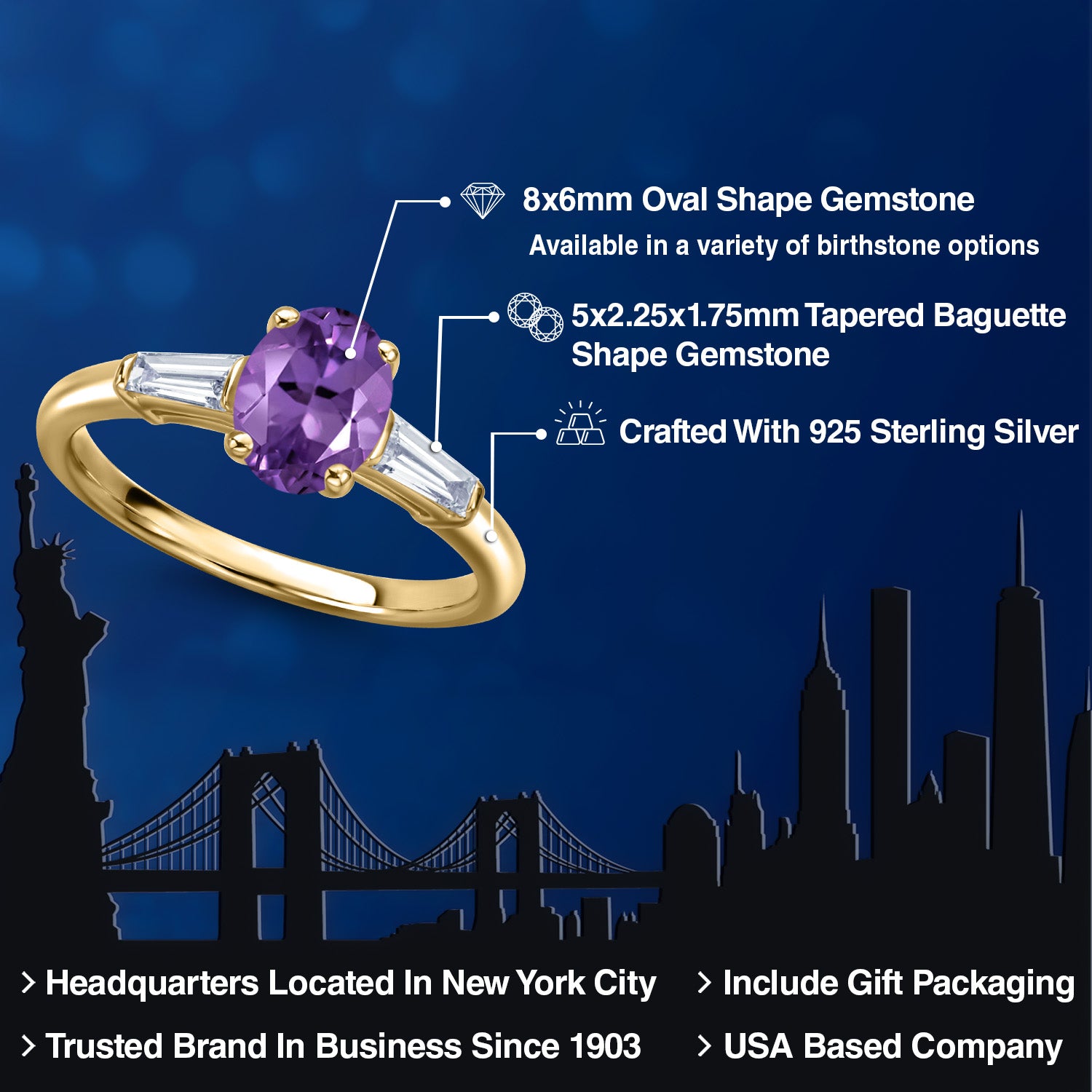 Amethyst and Lab Grown Diamond_5_Ring in 925 Yellow Gold Plated Silver