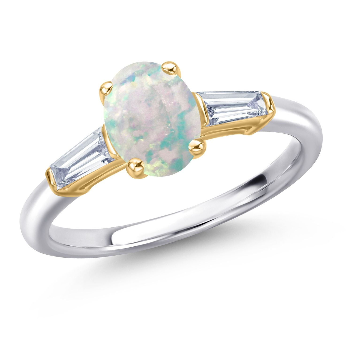 White Simulated Opal-Cabochon - October_6_Ring in 10K Two Tone Gold