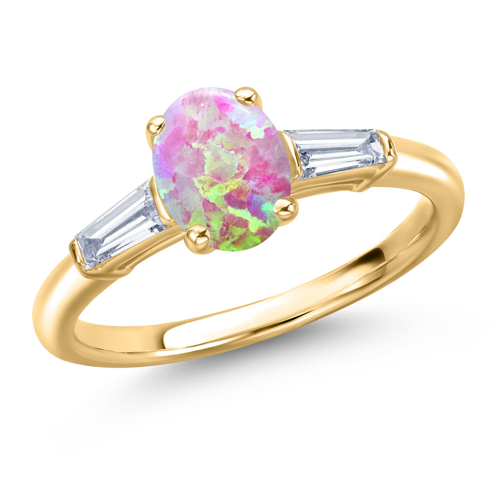 Pink Simulated Opal-Cabochon - October_9_Ring in 10K Yellow Gold