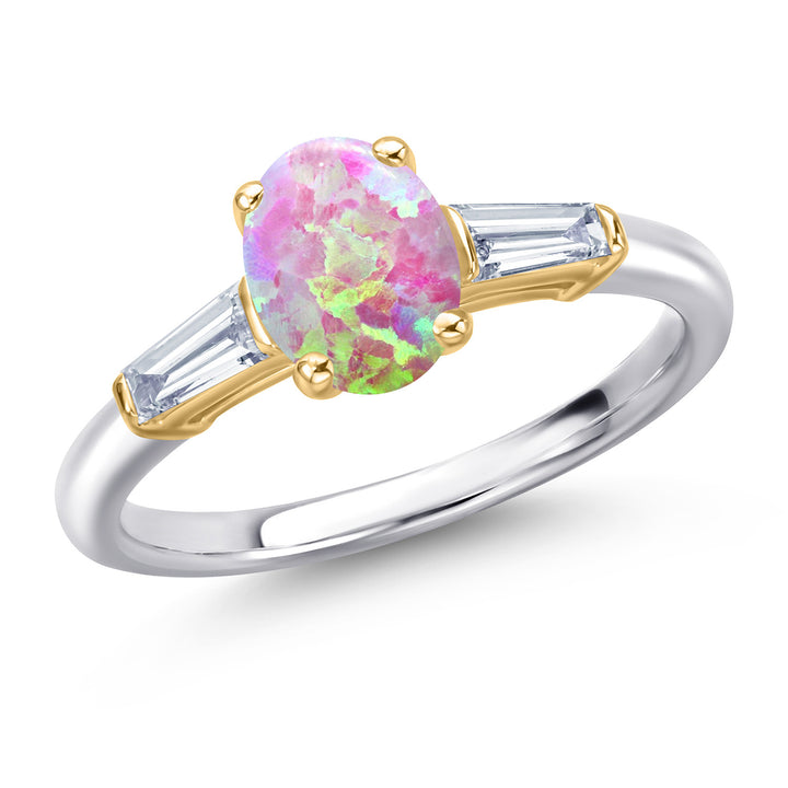 Pink Simulated Opal-Cabochon - October_Ring in 925 Sterling Silver and 10K Yellow Gold