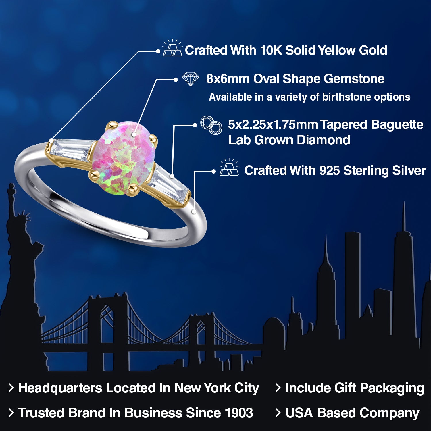 Pink Simulated Opal-Cabochon - October_Ring in 925 Sterling Silver and 10K Yellow Gold