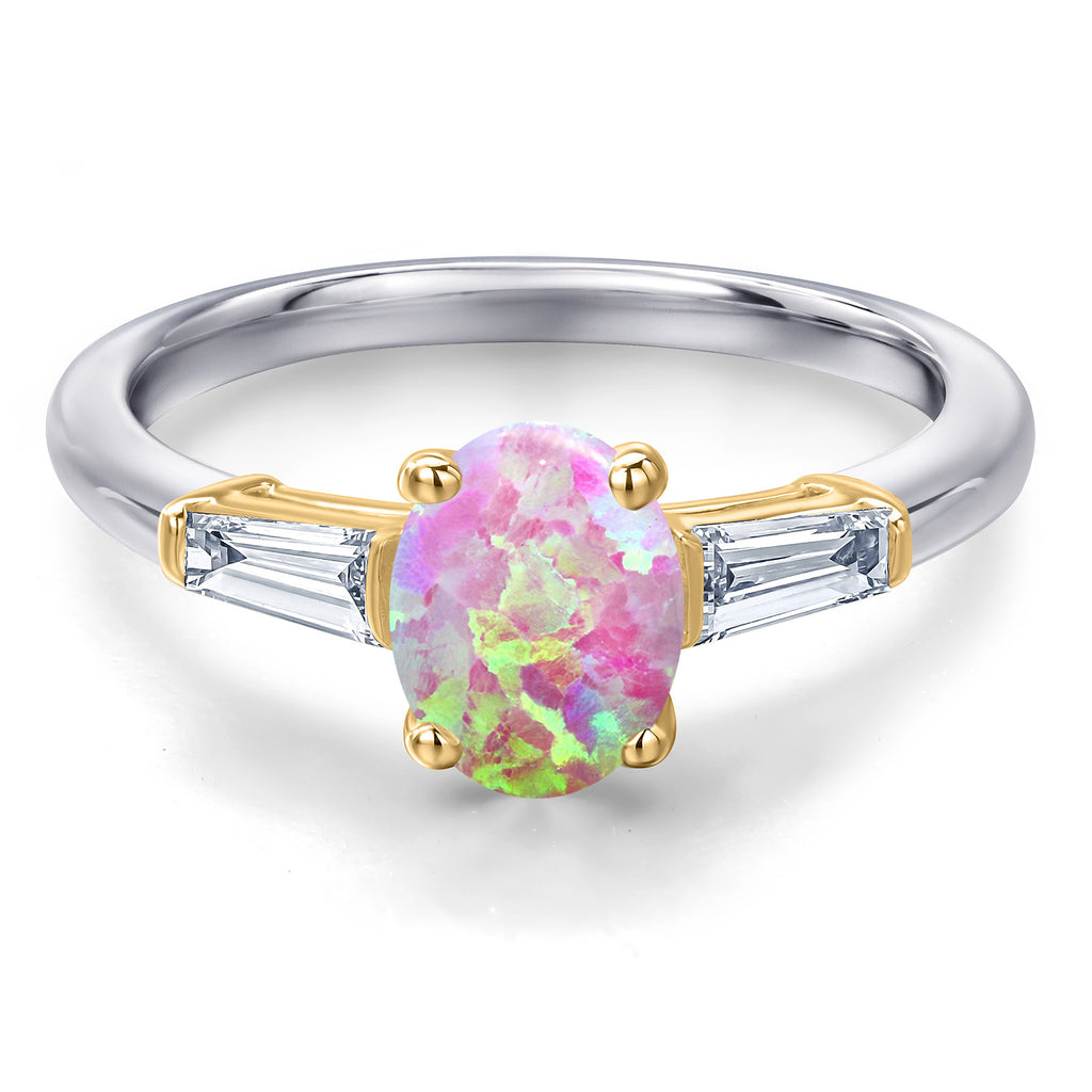 Pink Simulated Opal-Cabochon - October_Ring in 925 Sterling Silver and 10K Yellow Gold