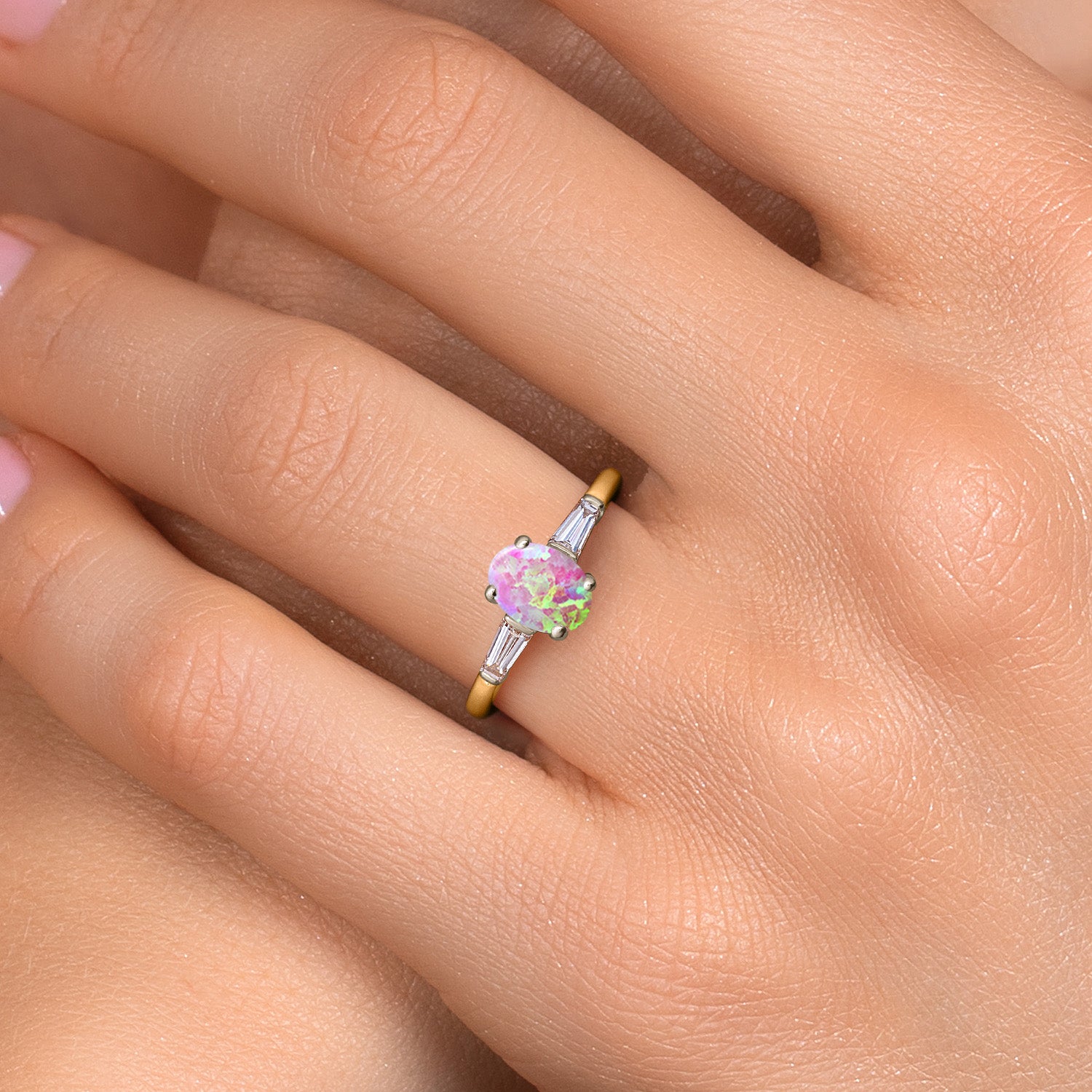 Pink Simulated Opal-Cabochon - October_Ring in 925 Sterling Silver and 10K Yellow Gold