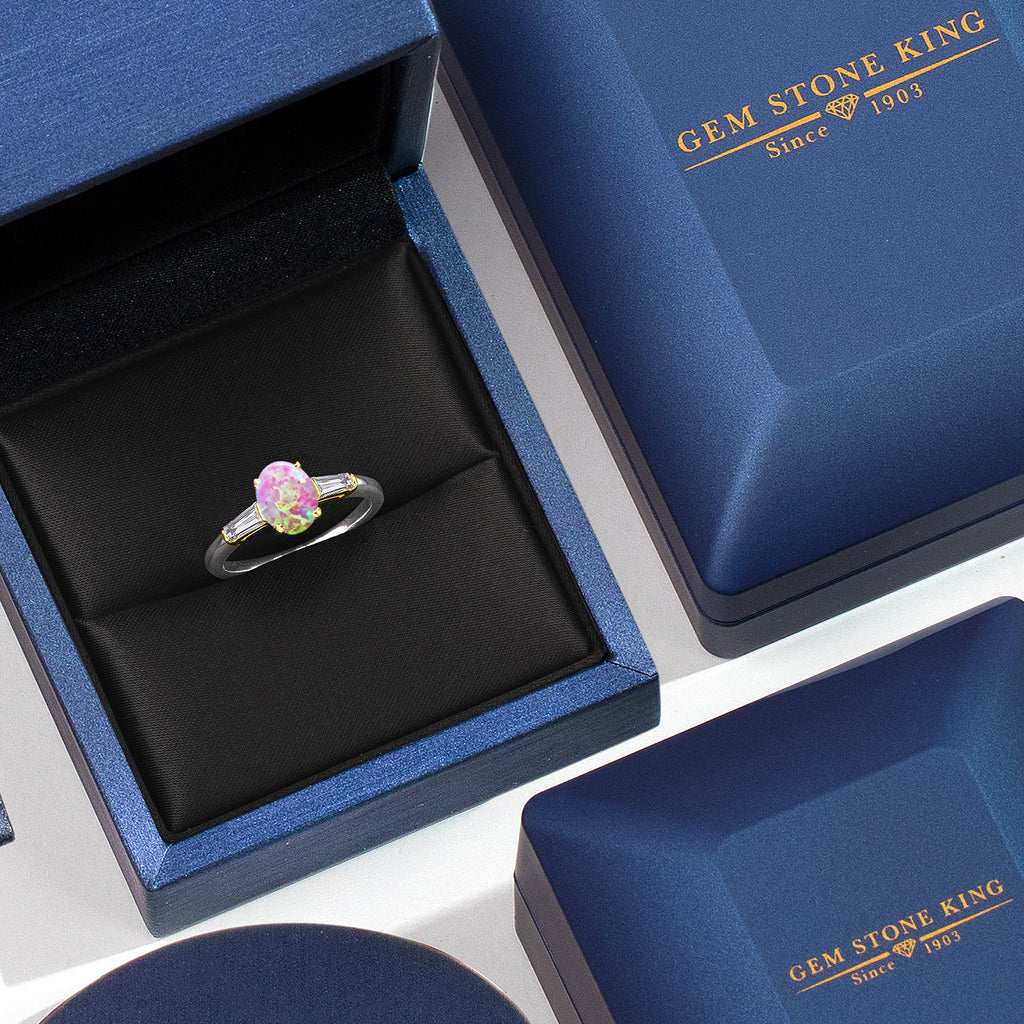 Pink Simulated Opal-Cabochon - October_Ring in 925 Sterling Silver and 10K Yellow Gold