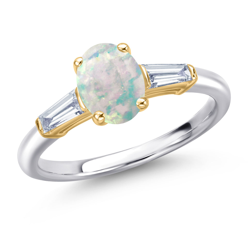 White Simulated Opal-Cabochon - October_9_Ring in 925 Sterling Silver and 10K Yellow Gold