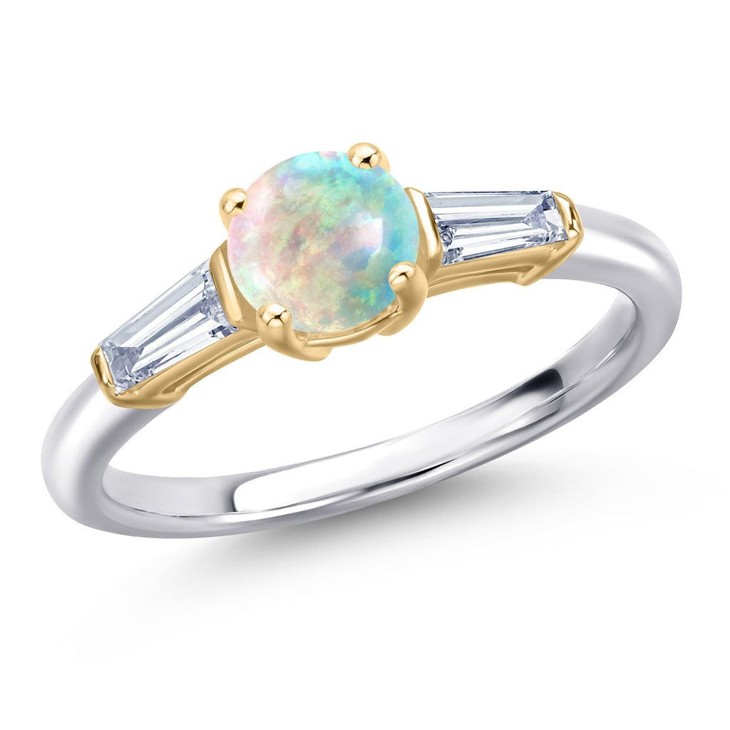 White Simulated Opal-Cabochon - October_5_Ring in 925 Sterling Silver and 10K Yellow Gold