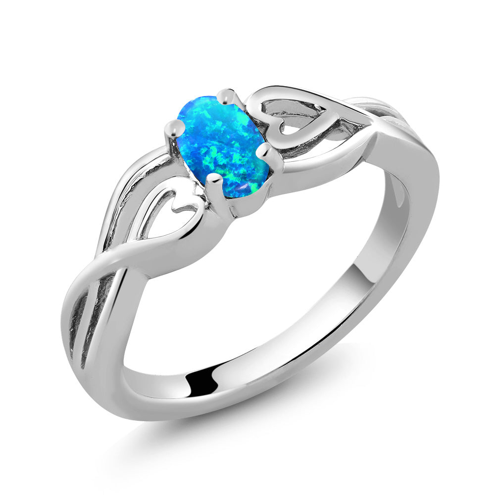 Blue Simulated Opal - October_6_Ring in 925 Sterling Silver
