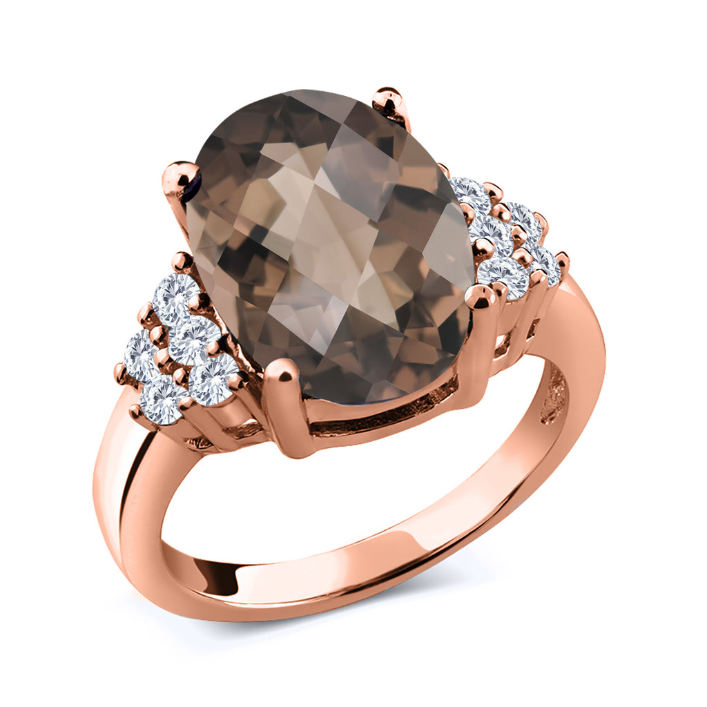 Smoky Quartz-Checkerboard_9_Ring in 925 Rose Gold Plated Silver