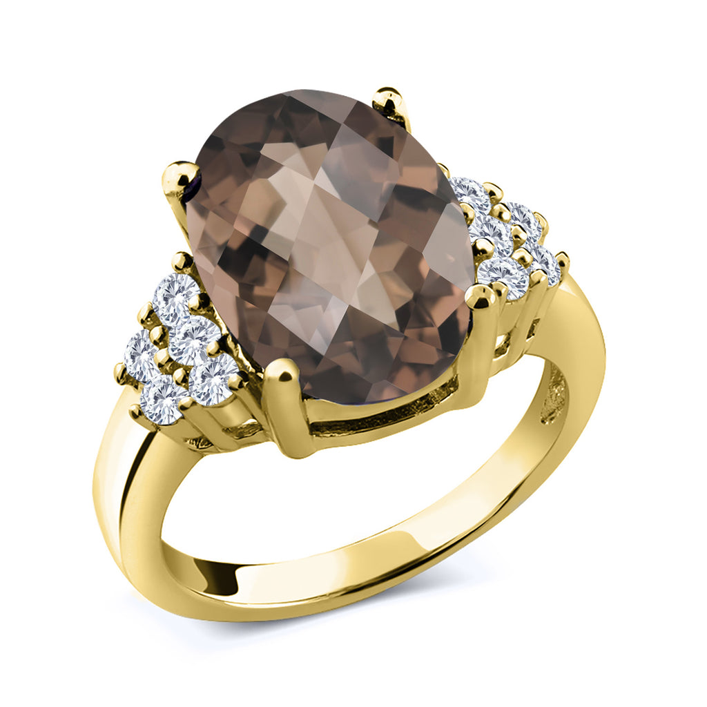 Smoky Quartz-Checkerboard_5_Ring in 925 Yellow Gold Plated Silver