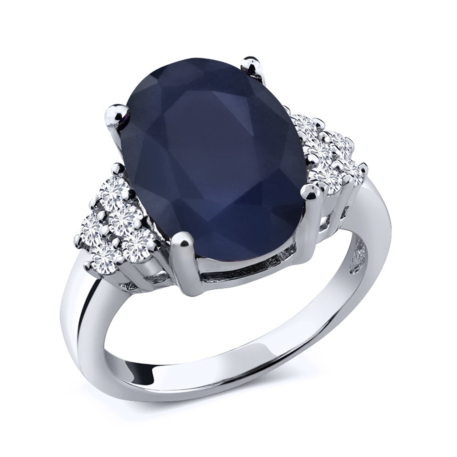 6.90 Ct Oval Blue Sapphire White Diamond 925 Sterling Silver Ring