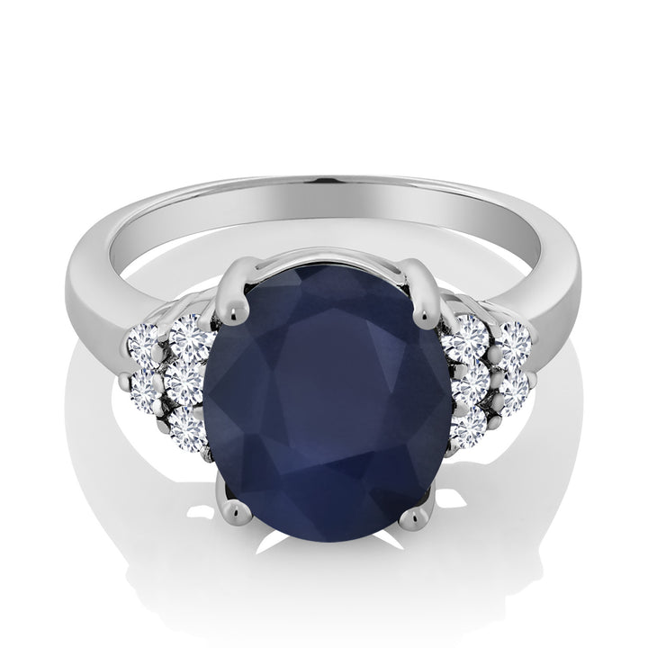 6.90 Ct Oval Blue Sapphire White Diamond 925 Sterling Silver Ring