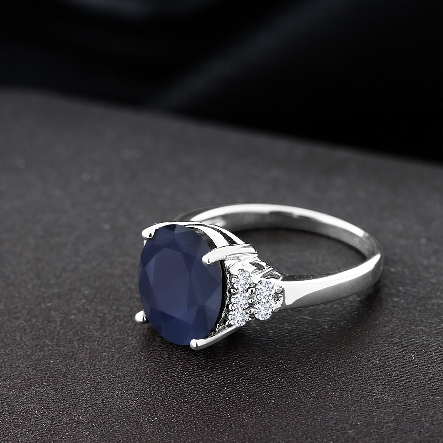 6.90 Ct Oval Blue Sapphire White Diamond 925 Sterling Silver Ring