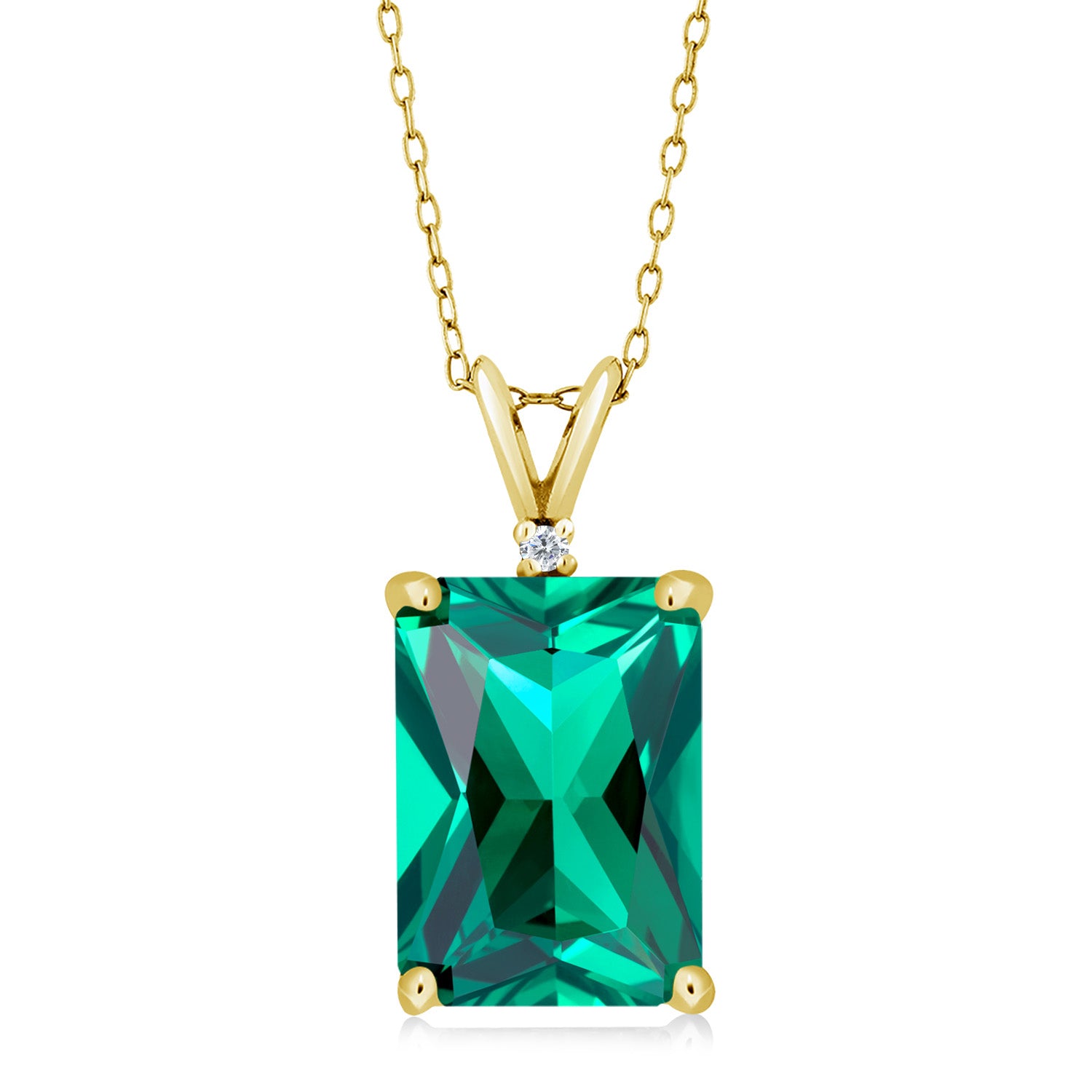 18K Yellow Gold Plated Silver Green Nano Emerald and White Diamond Pendant Necklace For Women (6.52 Cttw, Gemstone May Birthstone, Emerald Cut 14X10MM, with 18 Inch Silver Chain)