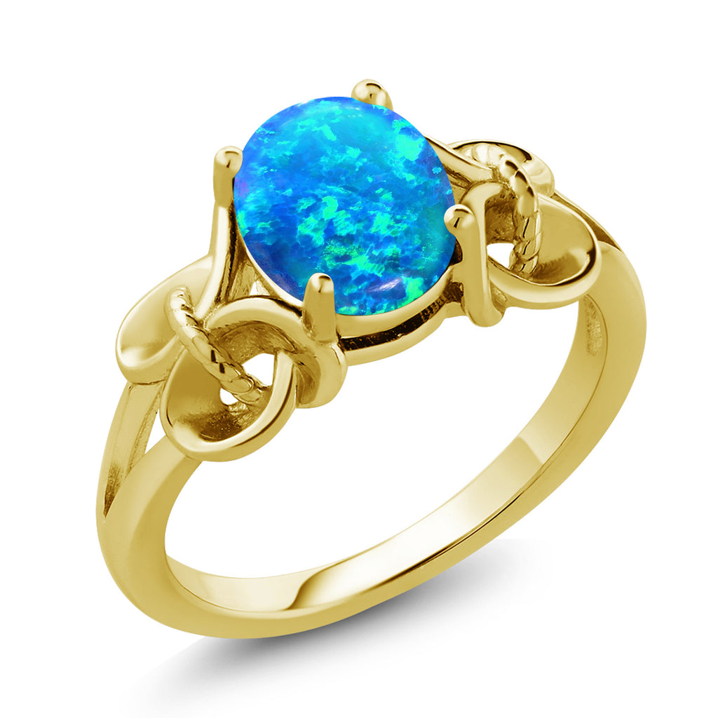 Blue Simulated Opal - October_7_Ring in 925 Yellow Gold Plated Silver