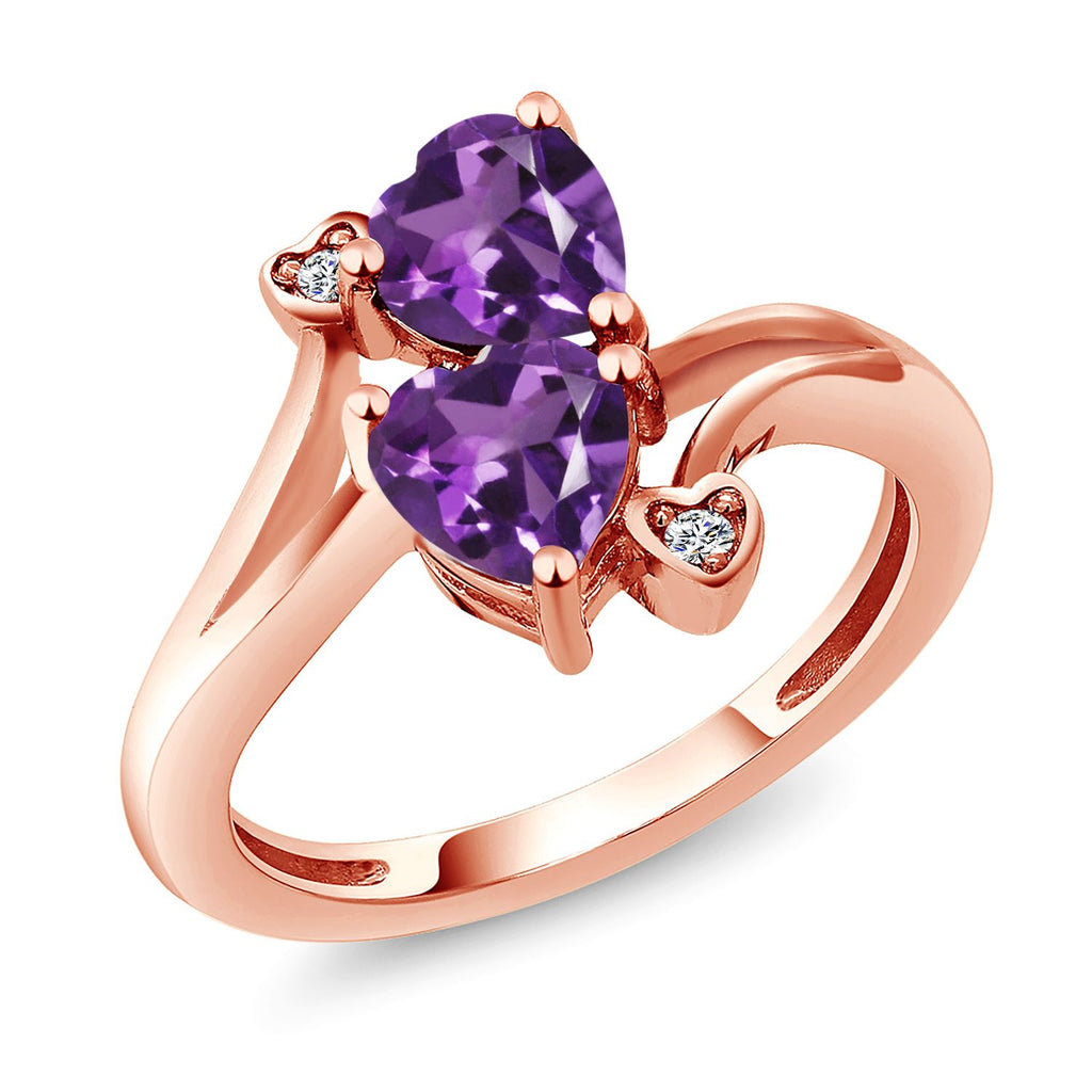 Gem Stone King Double Heart Promise Ring for Women in 18K Rose Gold Plated Silver | 6MM Gemstone Birthstone with 1.5MM White Moissanite Accents | 2-Stone Fine Jewelry for Engagement Wedding Anniversary | Size 5-9