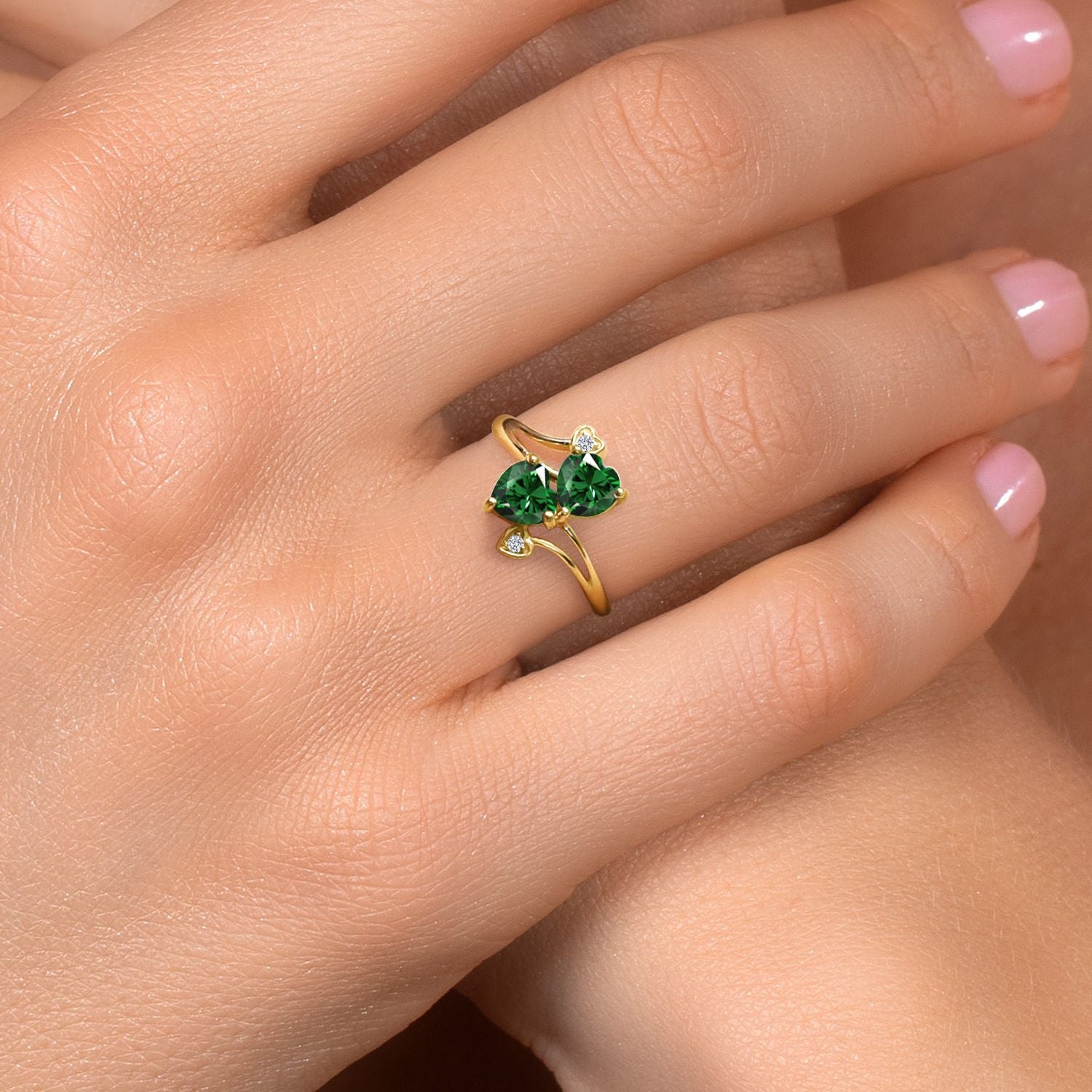 Nano Emerald and Lab Grown Diamond_7_Ring in 18K Yellow Gold Plated Silver