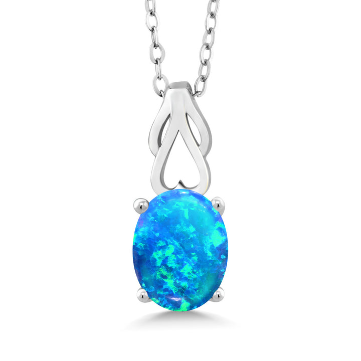 Blue Simulated Opal - October_Pendant in 925 Sterling Silver