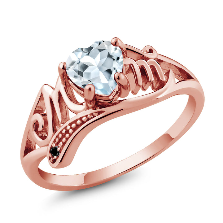 Aquamarine - Black Diamond - March_5_Ring in 925 Rose Gold Plated Silver