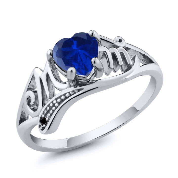 Blue Created Sapphire - Black Diamond - September_5_Ring in 925 Sterling Silver
