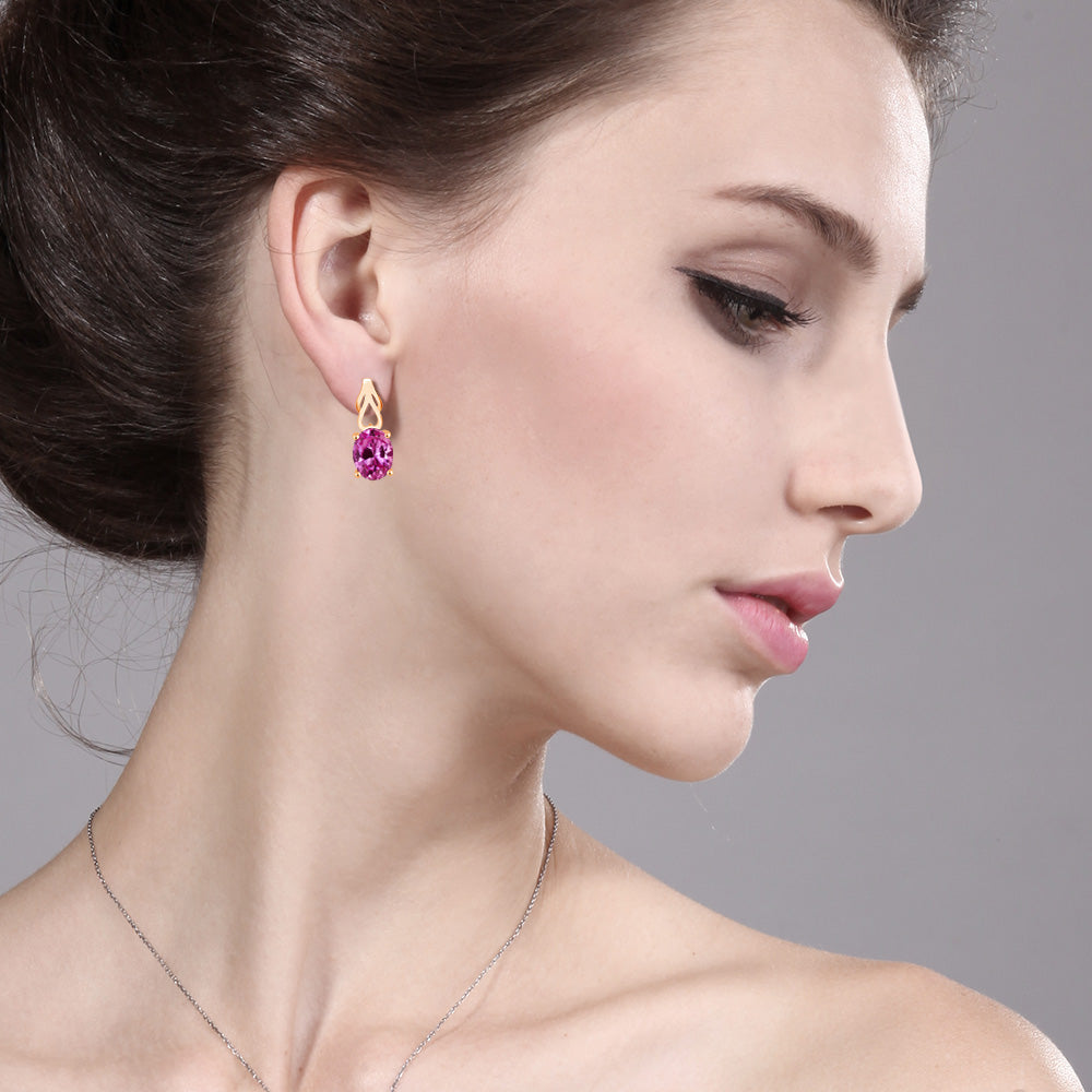 Pink Created Sapphire_Earrings in 925 Yellow Gold Plated Silver