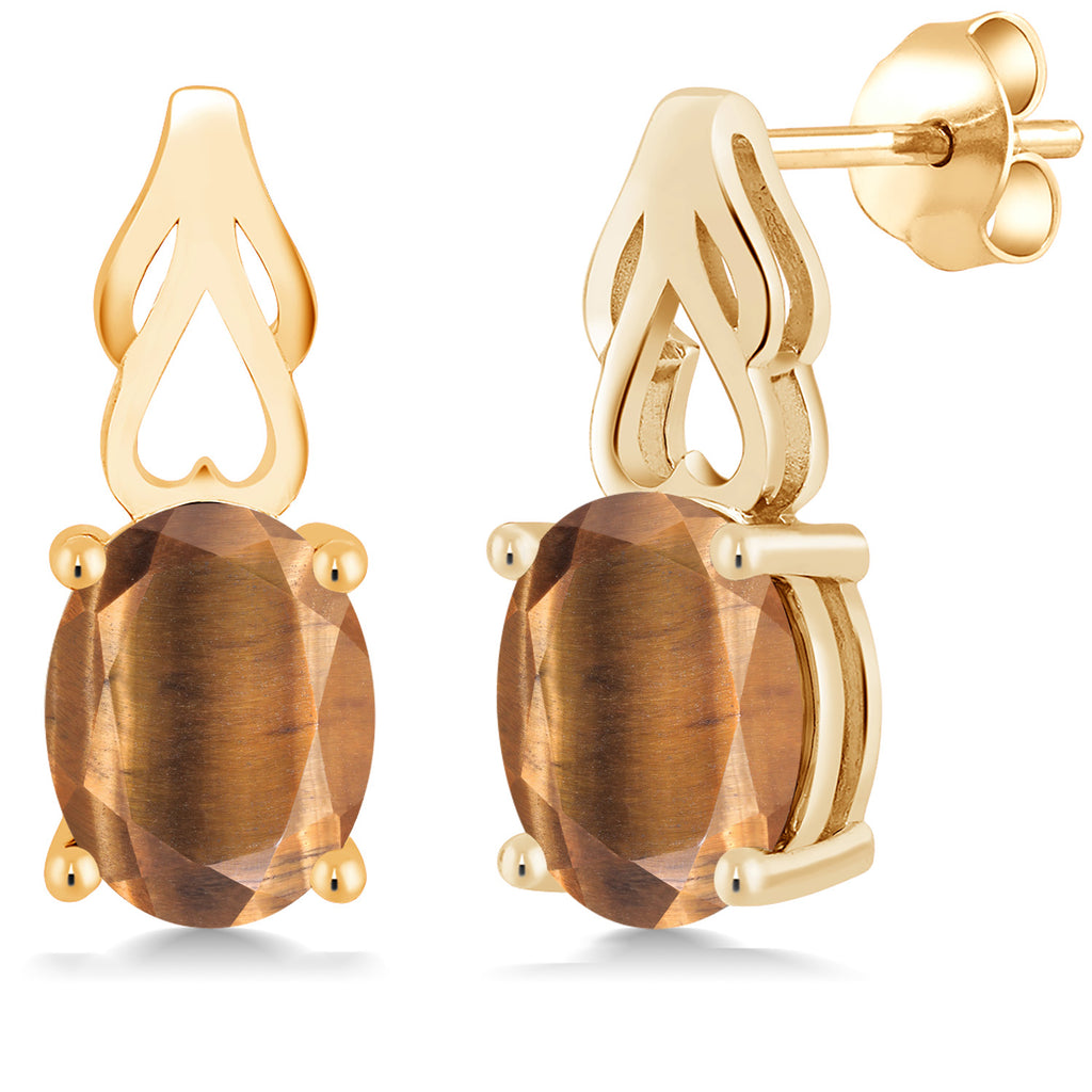 Brown Tiger Eye_Earrings in 925 Yellow Gold Plated Silver