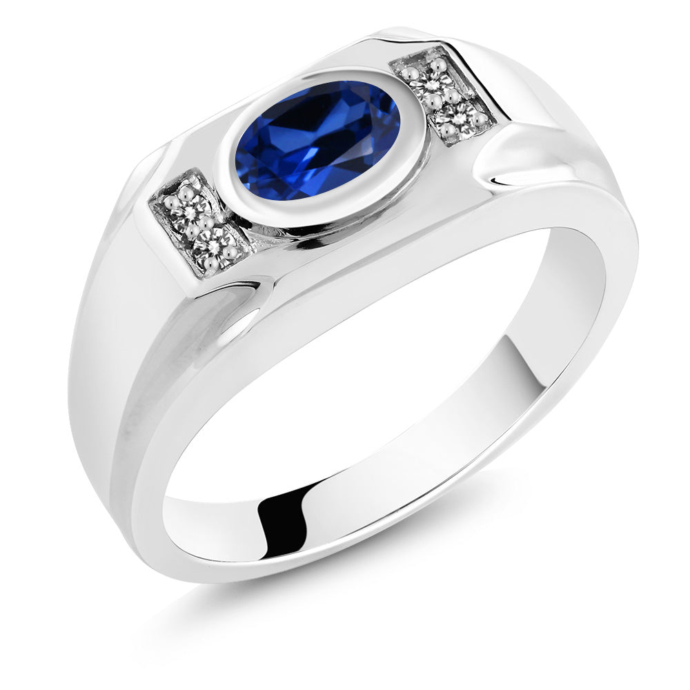 Men's 925 Sterling Silver Blue Created Sapphire and White Diamond Ring (1.77 Cttw, Gemstone September Birthstone, Oval 8X6MM, Available In Size 7, 8, 9, 10, 11, 12, 13)