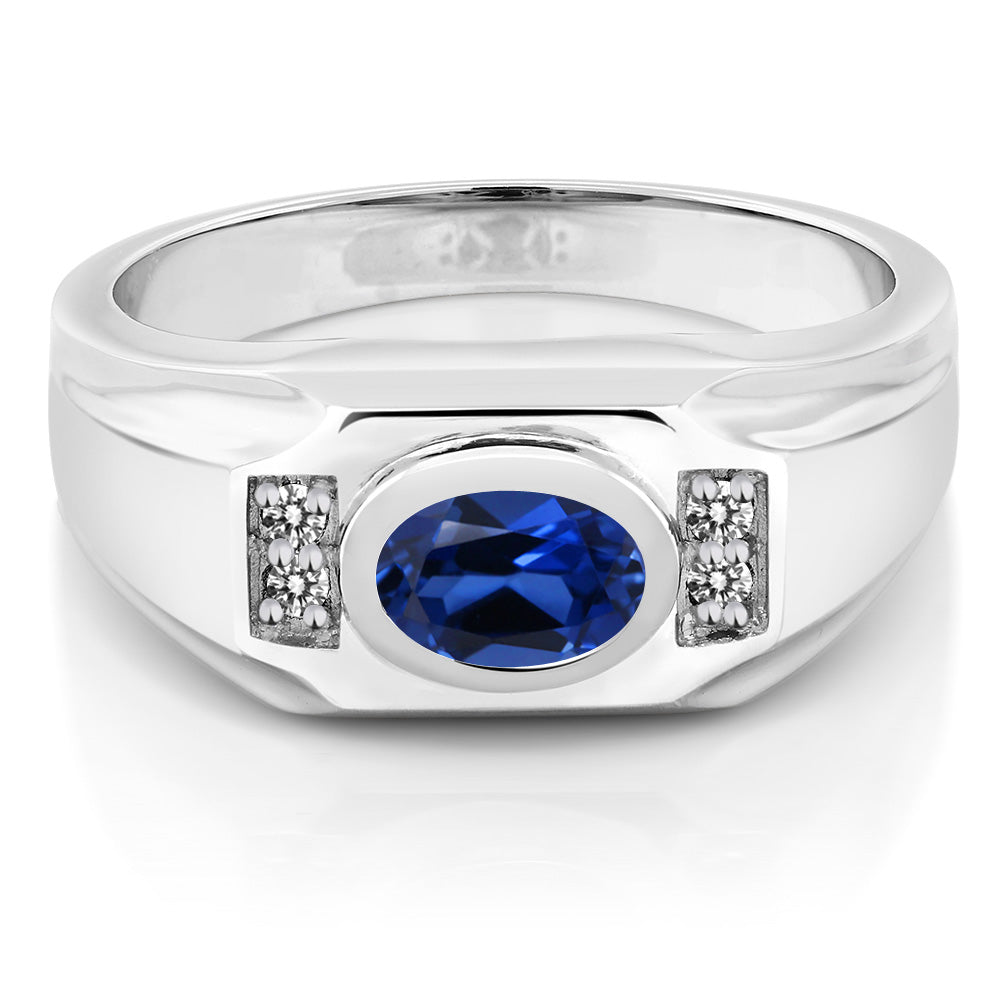 Men's 925 Sterling Silver Blue Created Sapphire and White Diamond Ring (1.77 Cttw, Gemstone September Birthstone, Oval 8X6MM, Available In Size 7, 8, 9, 10, 11, 12, 13)