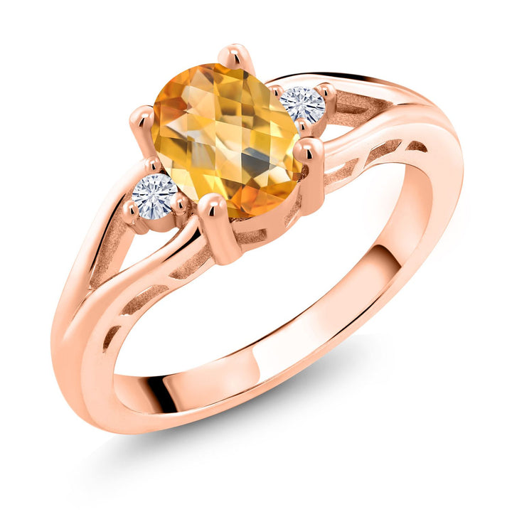 Gem Stone King Gemstone Birthstone and White Moissanite 3-Stone Engagement Ring for Women in 18K Rose Gold Plated Silver | Oval 8X6MM and Round 2MM | Elegant Three-Stone Wedding Anniversary Promise Ring | Sizes 5-9