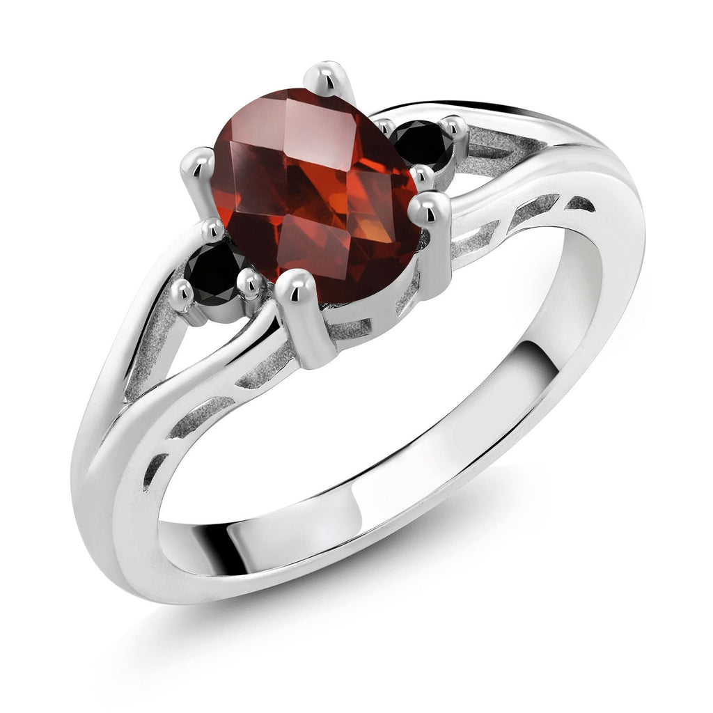 Gem Stone King Gemstone Birthstone and Black Diamond 3-Stone Engagement Ring for Women in 925 Sterling Silver | Oval 8X6MM and Round 2MM | Elegant Three-Stone Wedding Anniversary Promise Ring | Sizes 5-9