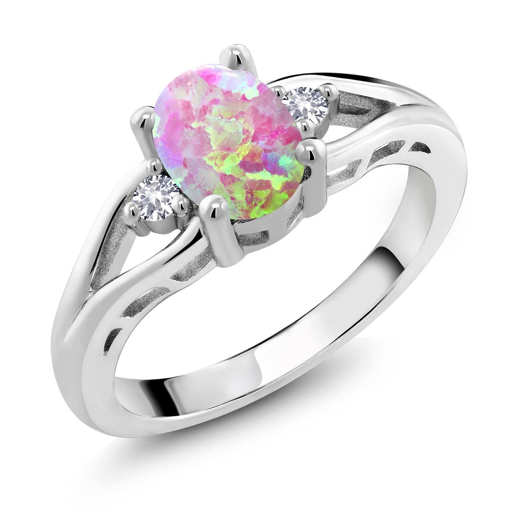 Pink Simulated Opal-Cabochon - October_7_Ring in 925 Sterling Silver