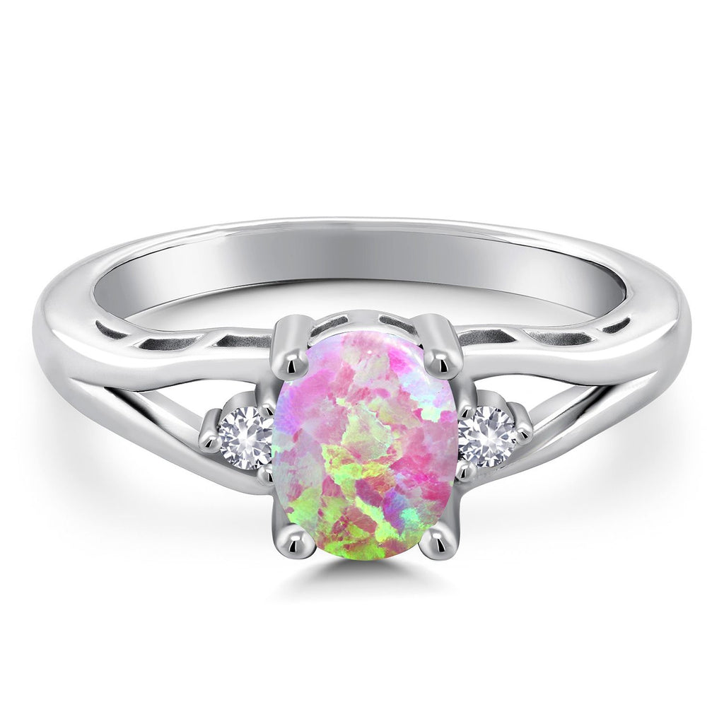 White Simulated Opal-Cabochon - October_5_Ring in 925 Sterling Silver