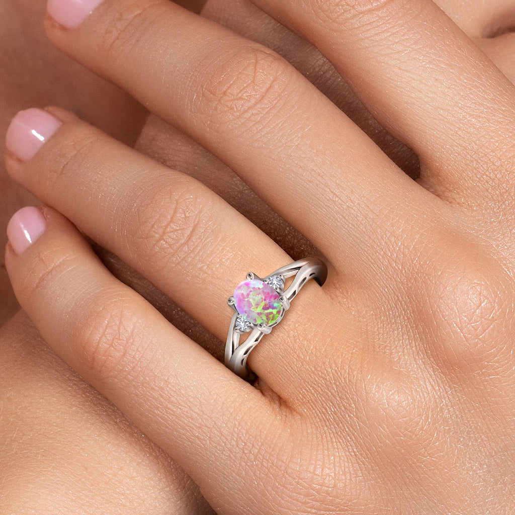 White Simulated Opal-Cabochon - October_5_Ring in 925 Sterling Silver