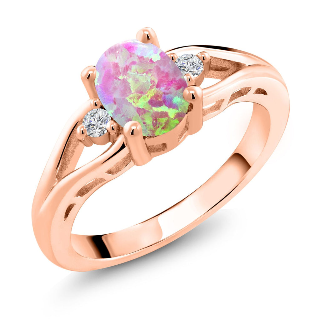 Pink Simulated Opal-Cabochon - October_9_Ring in 925 Rose Gold Plated Silver