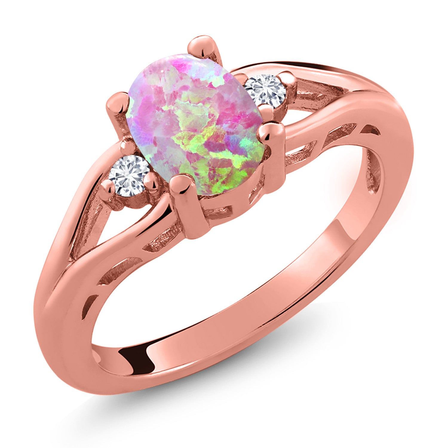 Pink Simulated Opal-Cabochon - October_8_Ring in 925 Rose Gold Plated Silver