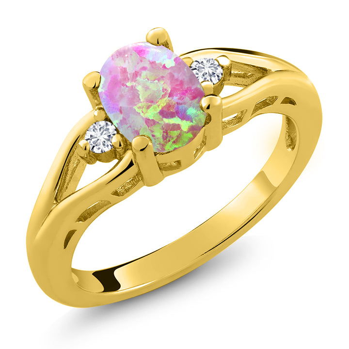 Pink Simulated Opal-Cabochon - October_5_Ring in 925 Yellow Gold Plated Silver