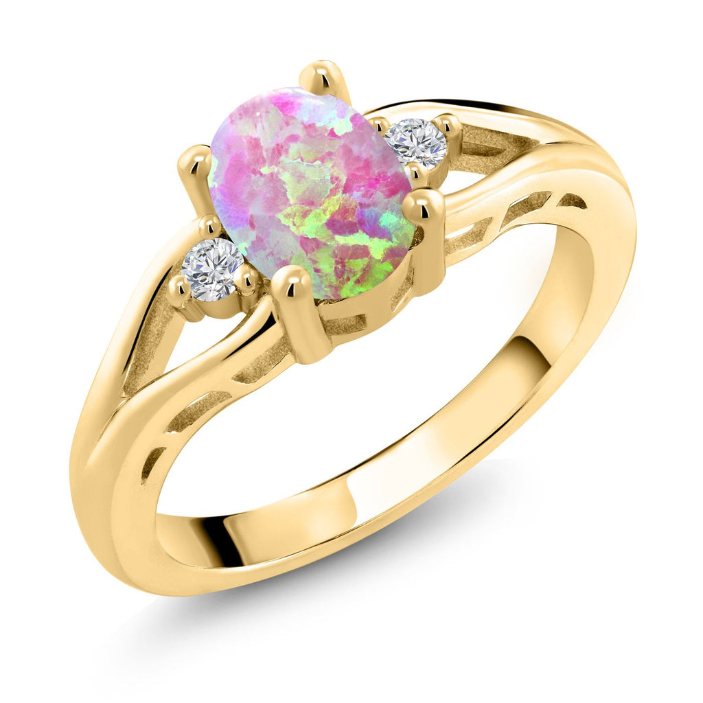 Pink Simulated Opal-Cabochon - October_5_Ring in 925 Yellow Gold Plated Silver
